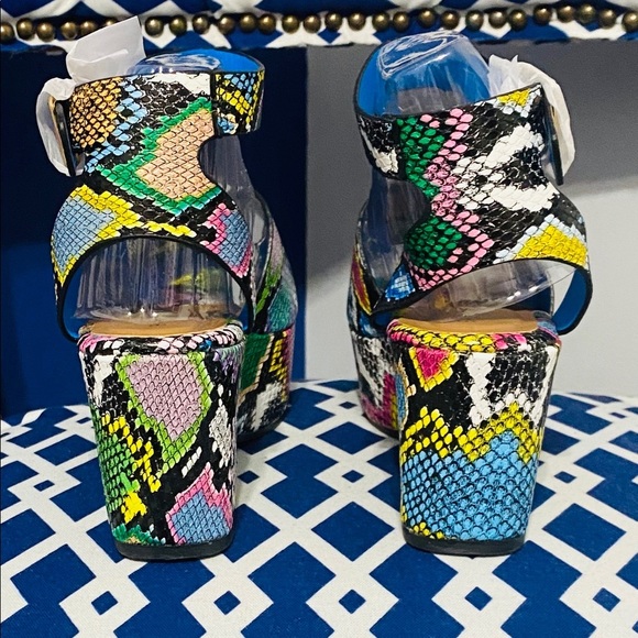 Multi color blue yellow pink white black snake ankle platform bamboo wedges - Picture 6 of 7